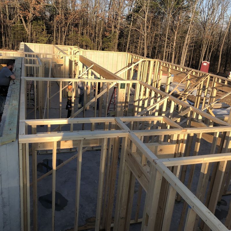 Roof framing over a new build, seen from below